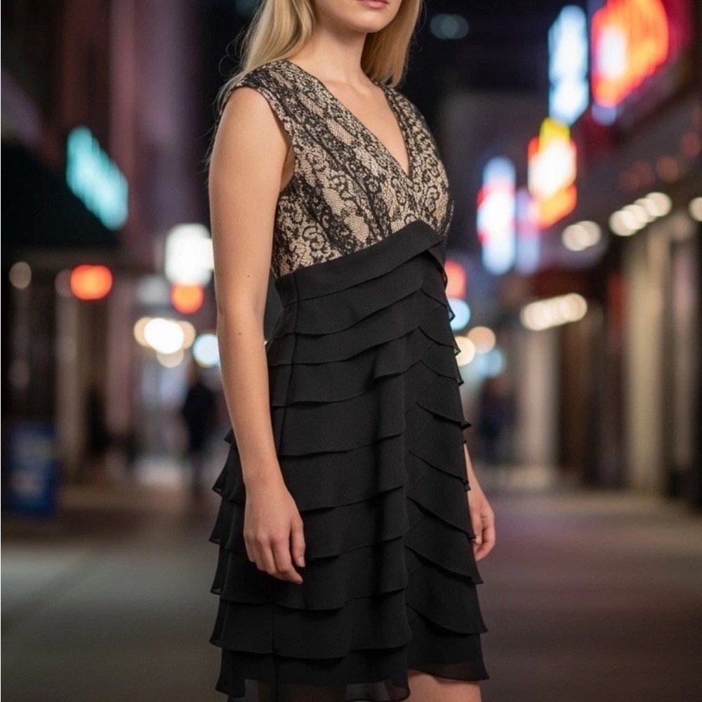 Y2K Babydoll Scarlett Nite Black Lace Scalloped Cocktail Dress Womens size 8